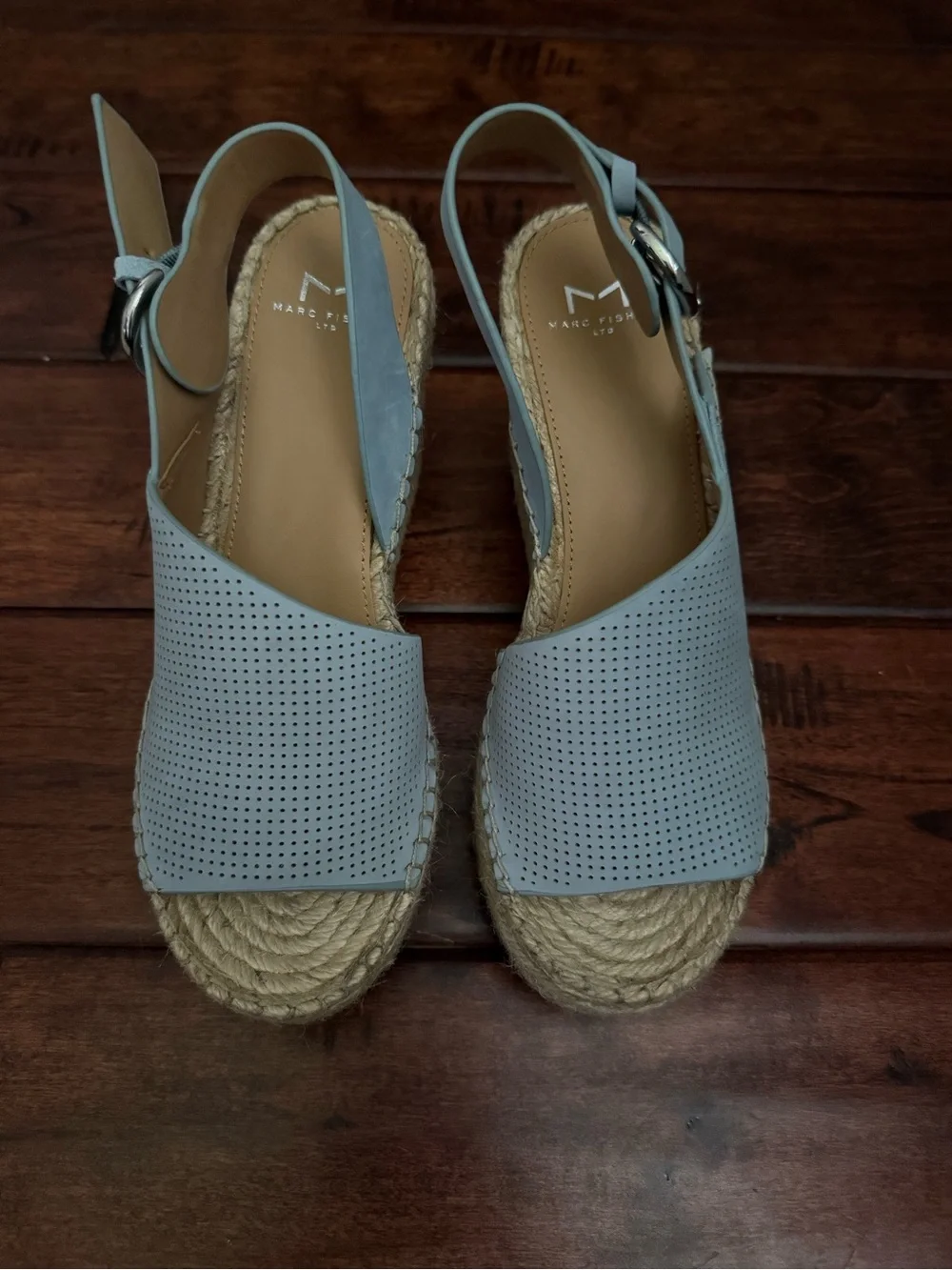 Marc Fisher Light Blue Perforated Espadrille Wedge Sandals